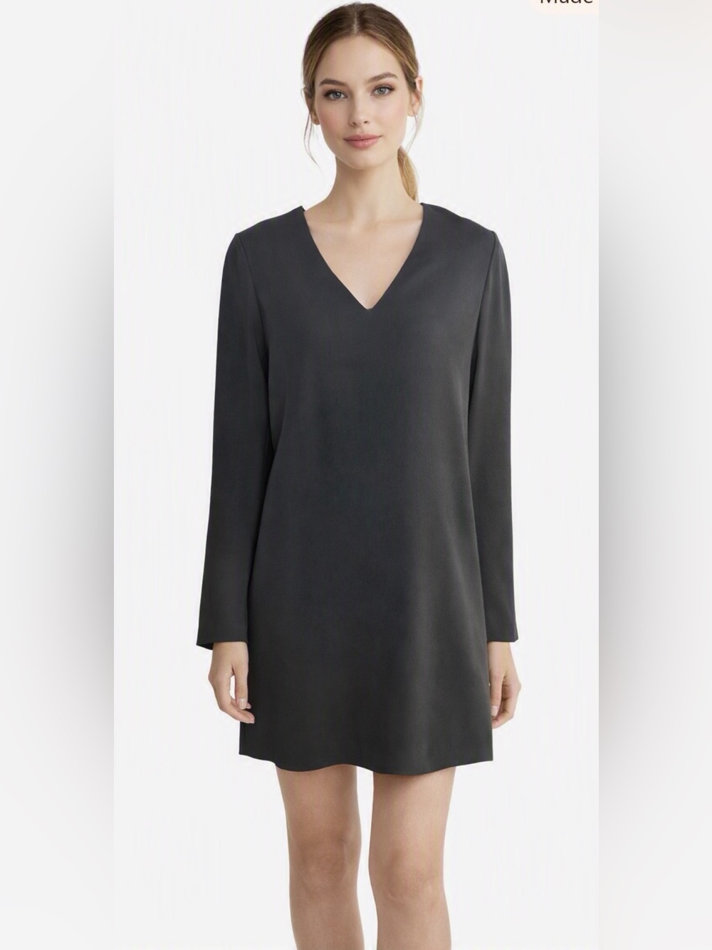 Helmut Lang Black V Neck Long Sleeve Silk Lined Dress S SW-DD0922 Minimalist